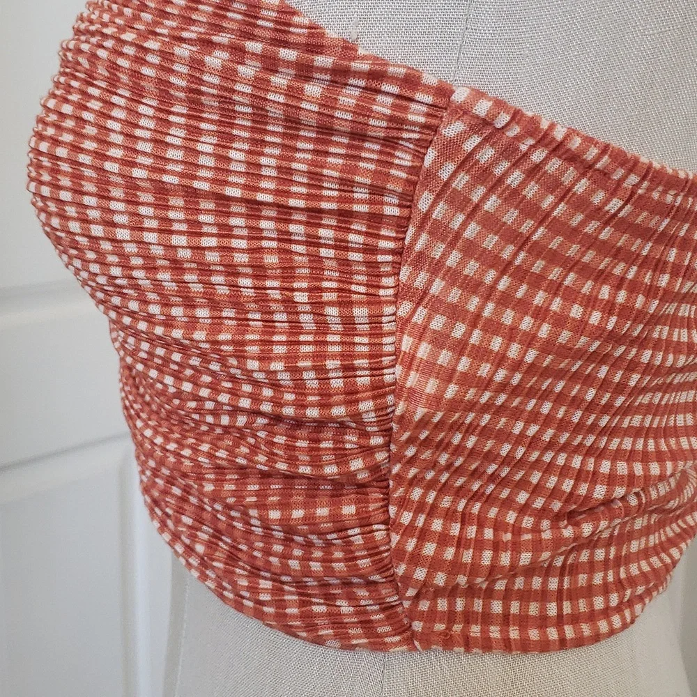 New ZARA Gingham Plaid Checked Cropped Halter Top Ruched Burnt Orange Medium - Picture 7 of 12